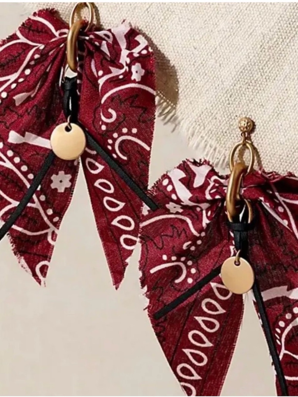 Free People Burgundy and White Bandana Scarf Dangle Earrings